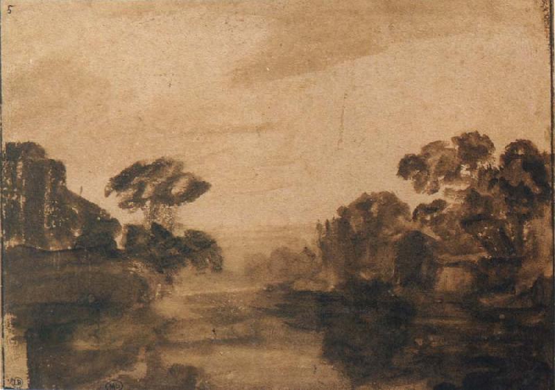 REMBRANDT Harmenszoon van Rijn River with Trees on its Embankment at Dusk oil painting image